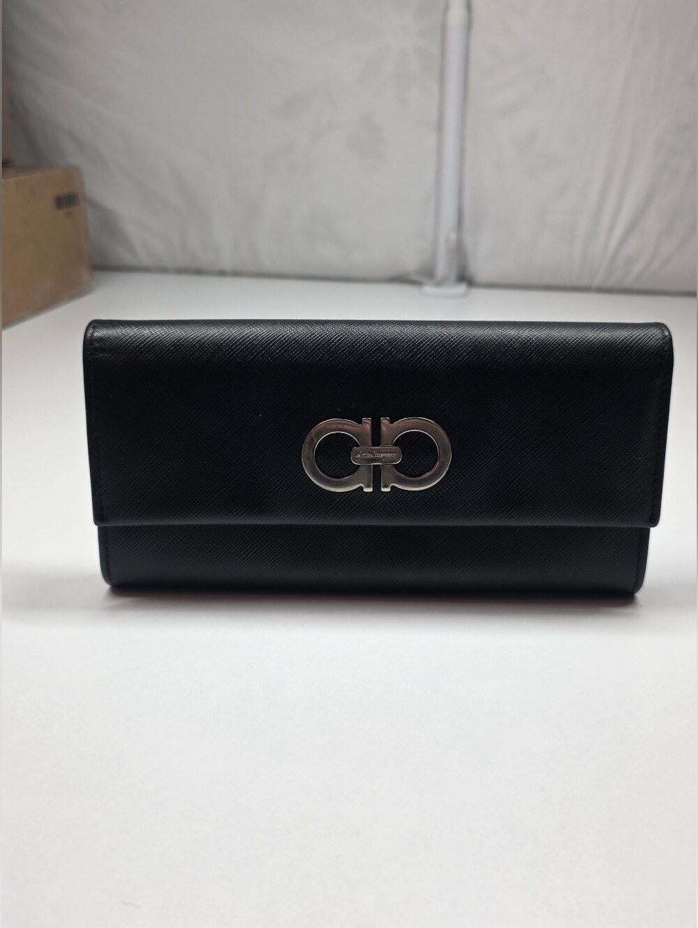 Black Ferragamo Leather Gancini Clutch with Silver Logo Hardware
